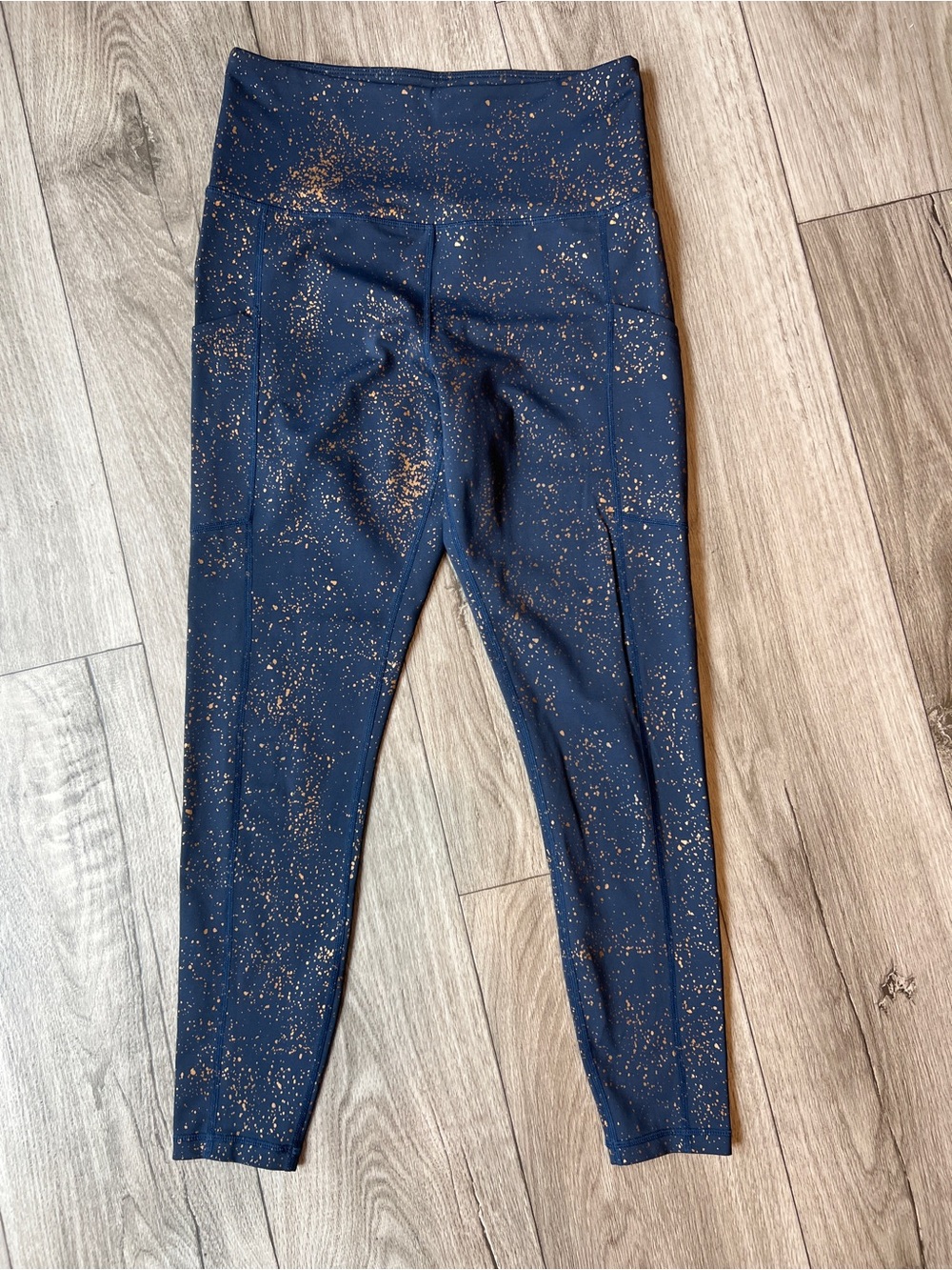Love Her Shop High Rise Leggings Large Navy Gold Speckle Side Pockets Crop Leng